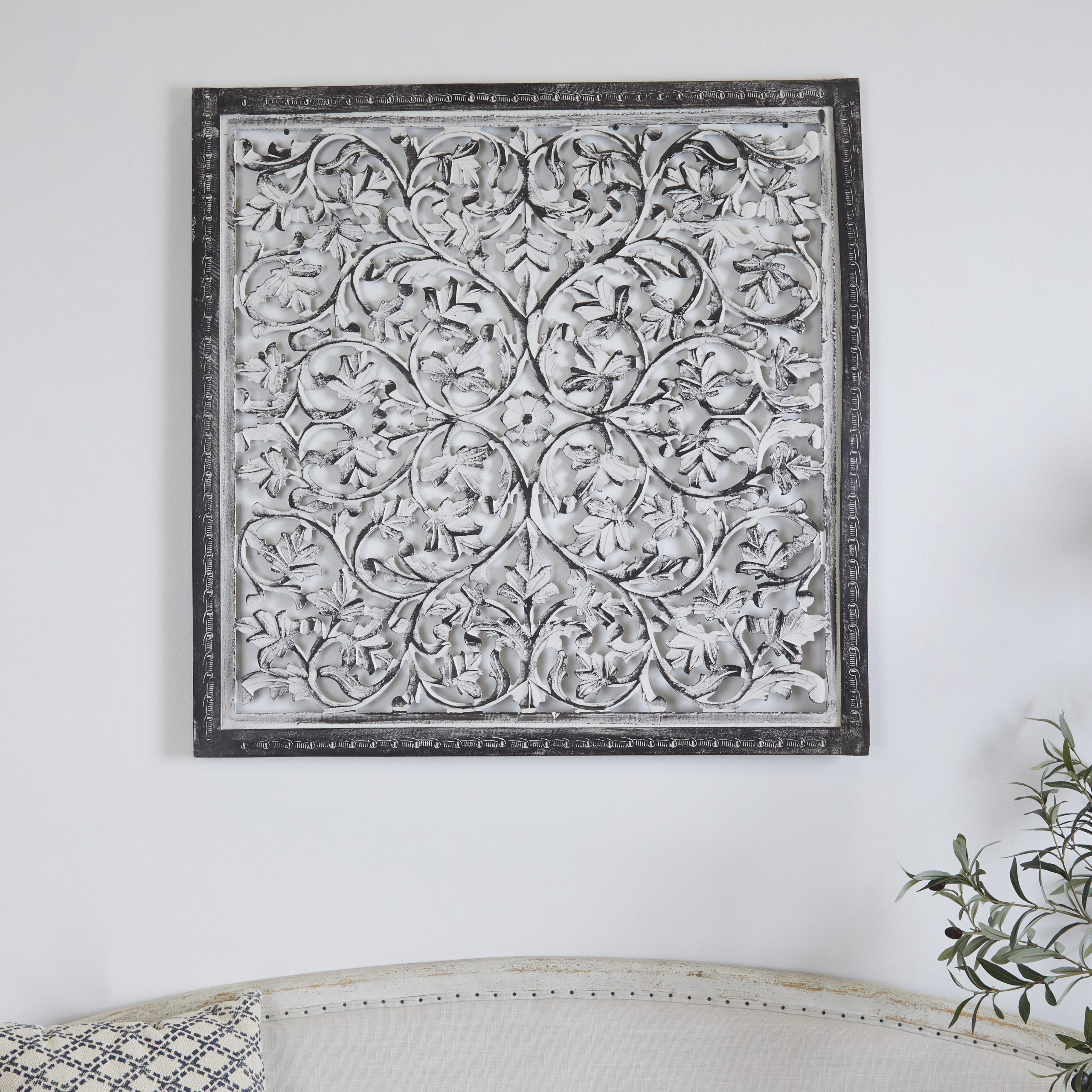 Black Wood Hand Carved Arabesque Floral Wall Decor | Globedecor