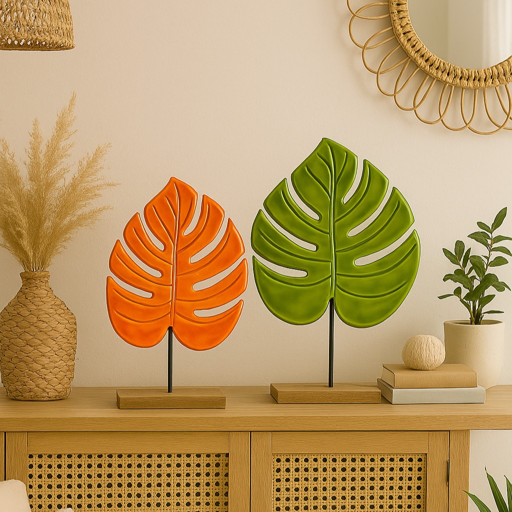 Green & Orange Monstera Leaf Sculpture Set of 2 | Globedecor